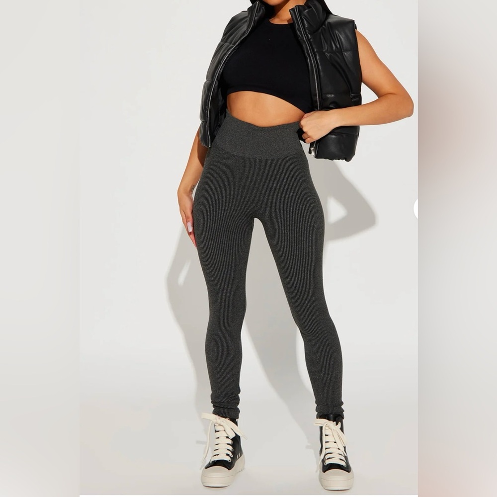 High-Waist Fleece Lined Ribbed Leggings - Dark Gray